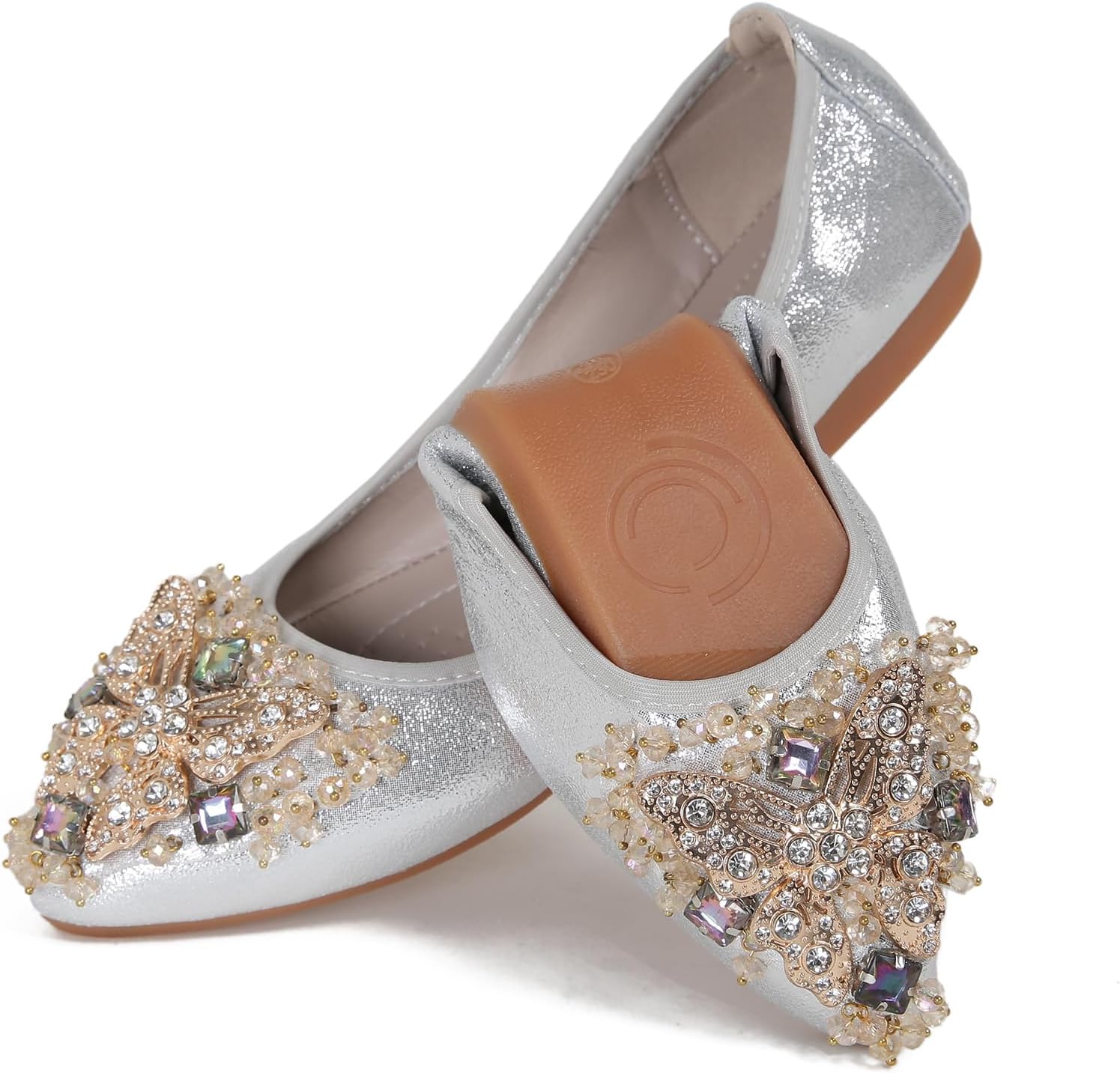 Womens Ballet Flats Foldable Rhinestone Pointed Toe Comfortable Slip on Wedding...