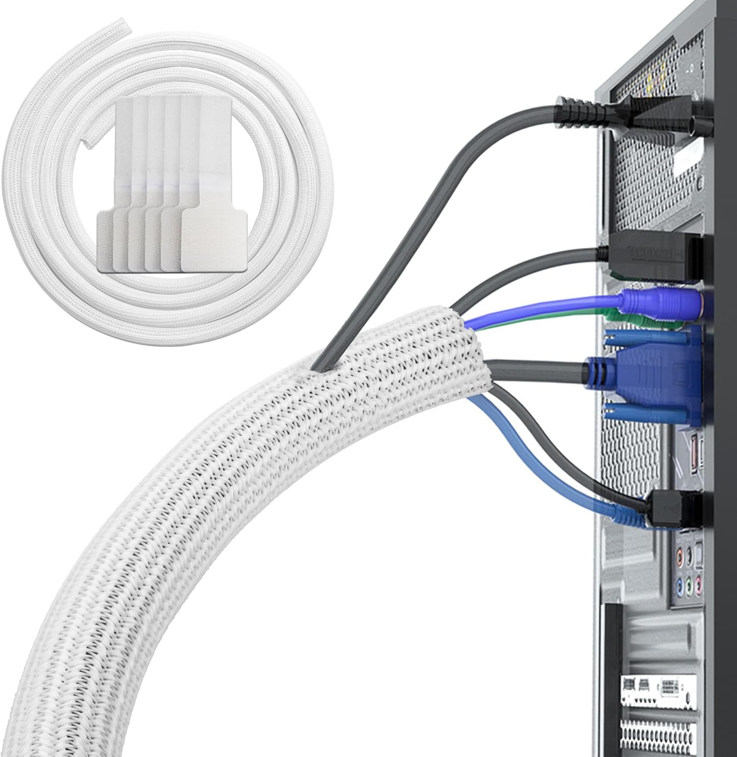 White Cable Tidy Sleeve(Length 10ft, Diameter 1/2 to 1 Inch Expandable), Braided...
