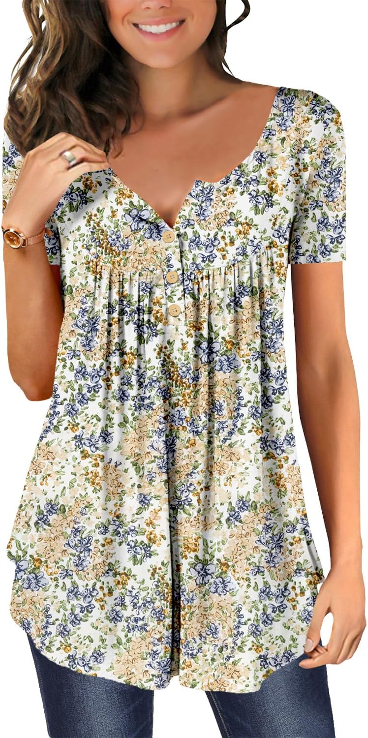CHICZONE Womens Tunic Tops Plain Pleated V Neck Buttons Up Blouse Floral Printed...