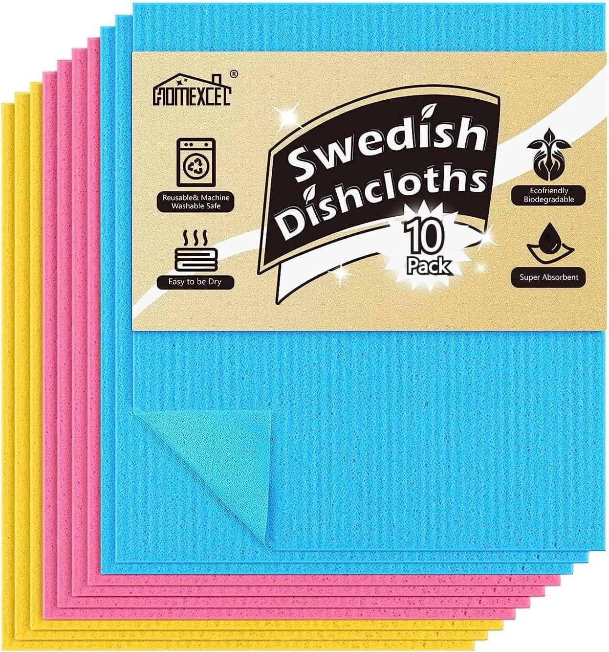 HOMEXCEL Swedish Dishcloths for Kitchen 10 Pack, Sponge Dish Cloth for Counters...