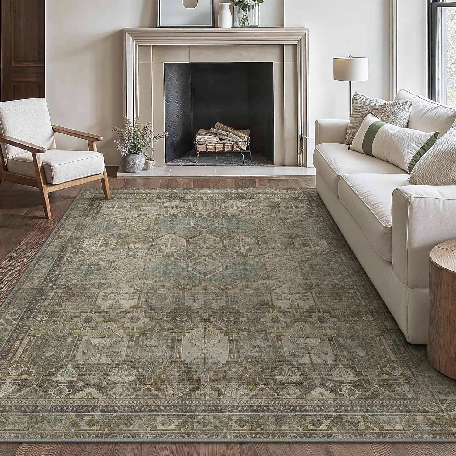 Area Rug 8x10 Machine Washable Vintage Distressed Print Ultra-Thin Chenille Bedr...