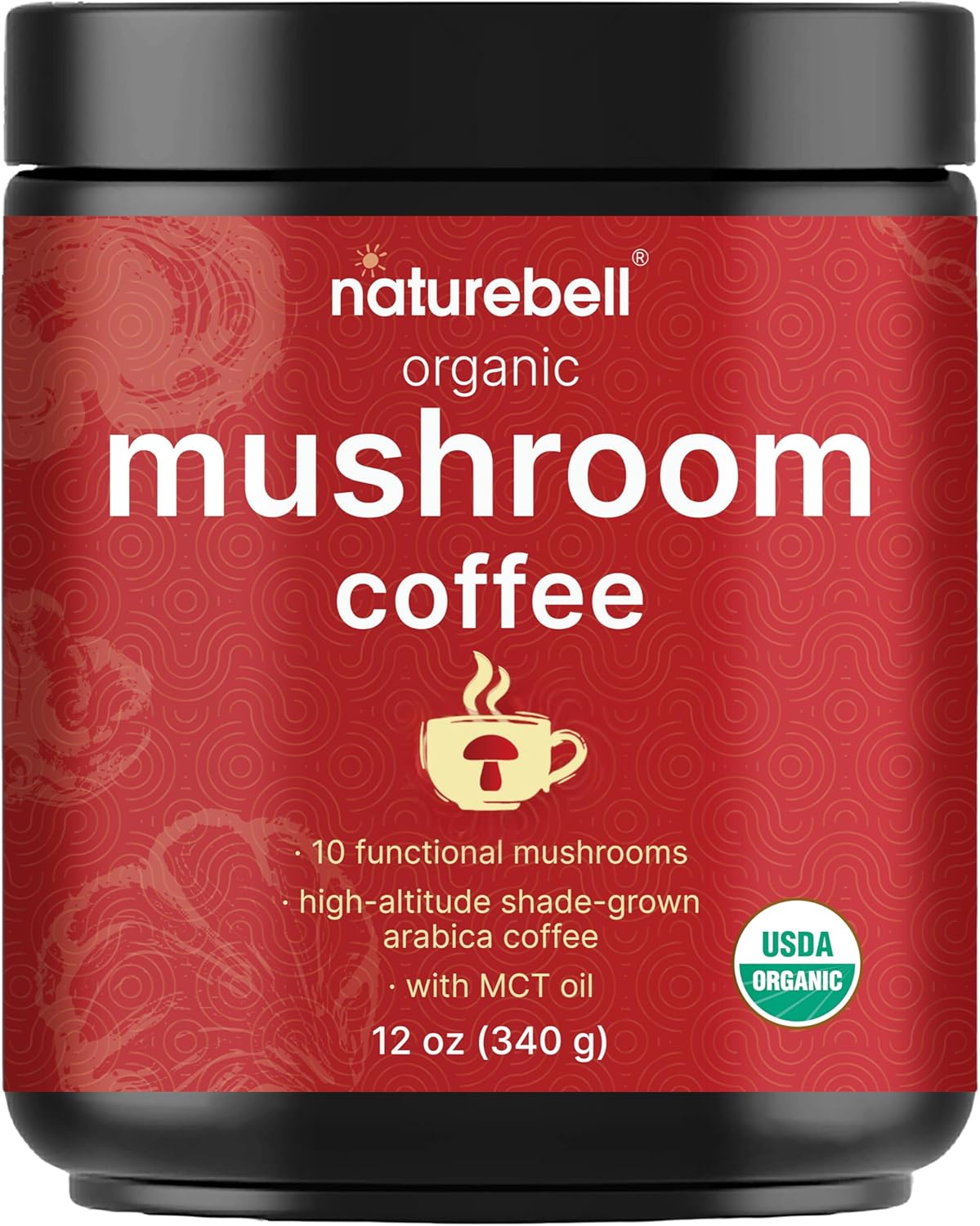 Organic Mushroom Coffee with MCT Oil, 12oz (85 Servings) | 10 in 1 Adaptogenic M...
