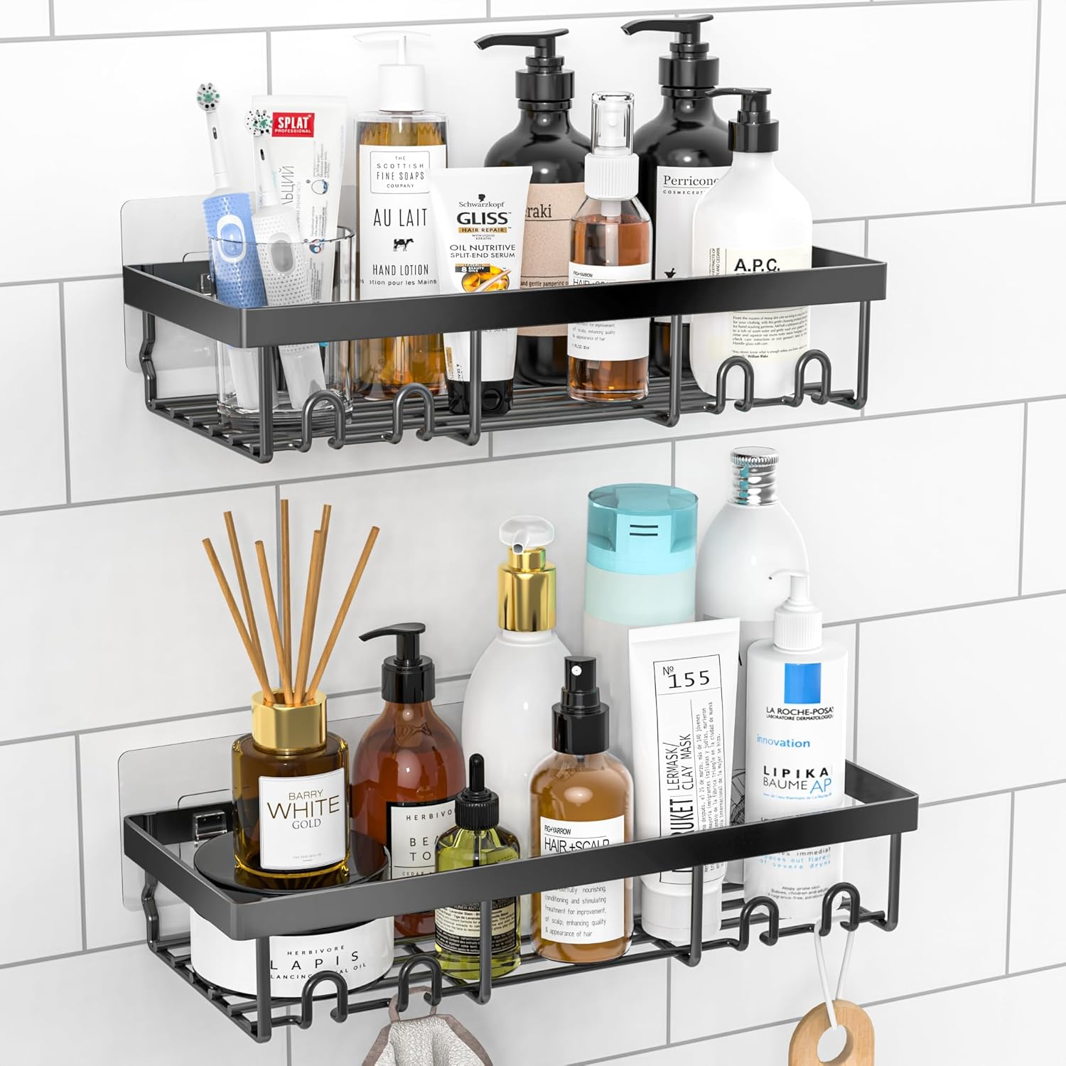DIFULI Shower Caddy Shelf Organiser 2 Pack, No Drill Black Shower Shelves,Self A...