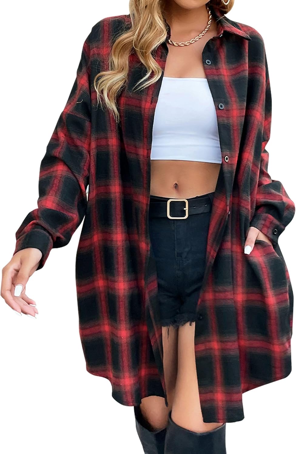 Blooming Jelly Women's Button Down Flannel Shirts Plaid Shacket Long Sleeve Coll...