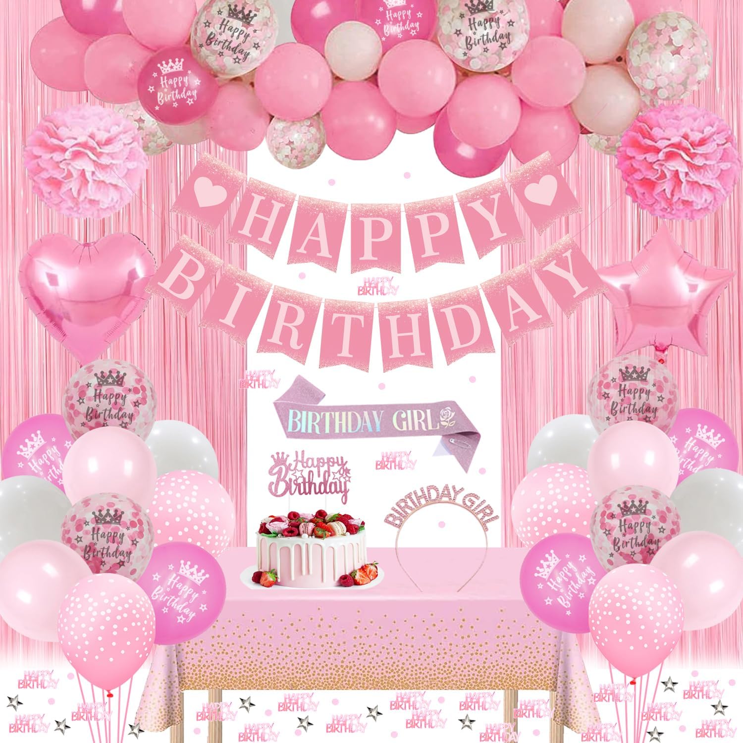 Pink Birthday Decorations, Pink Party Decorations Set Happy Birthday Banner, Pin...
