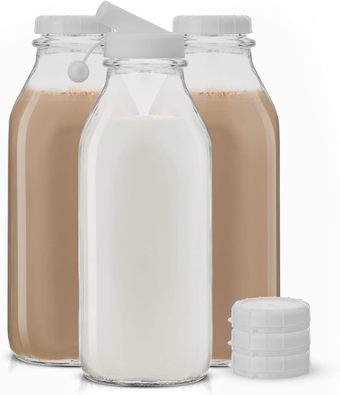 JoyJolt Glass Milk Bottles with Lids and Pourer – 32 Oz, 3 Pack Airtight Heavy D...