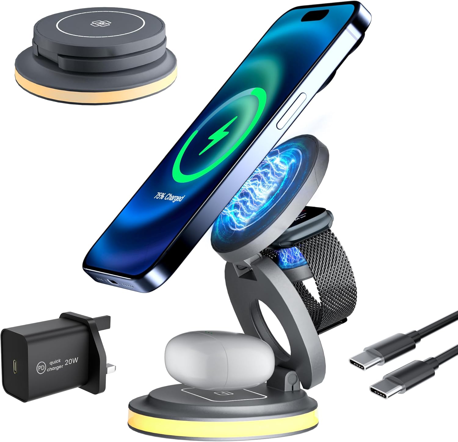 PKBD 3 in 1 Mag-safe Wireless Charging Station, 20W Foldable Travel Magnetic Wir...