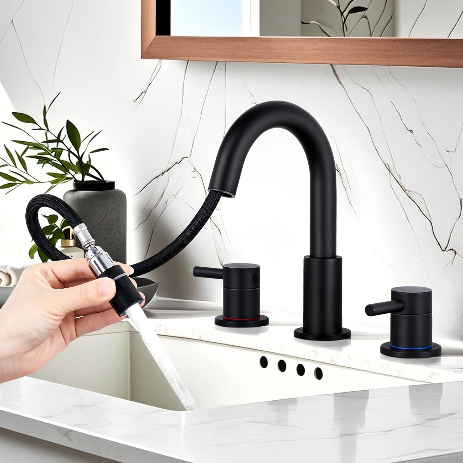 KZH Matte Black Bathroom Faucet 3 Hole with Pull Out Sprayer, 8 inch Widespread...