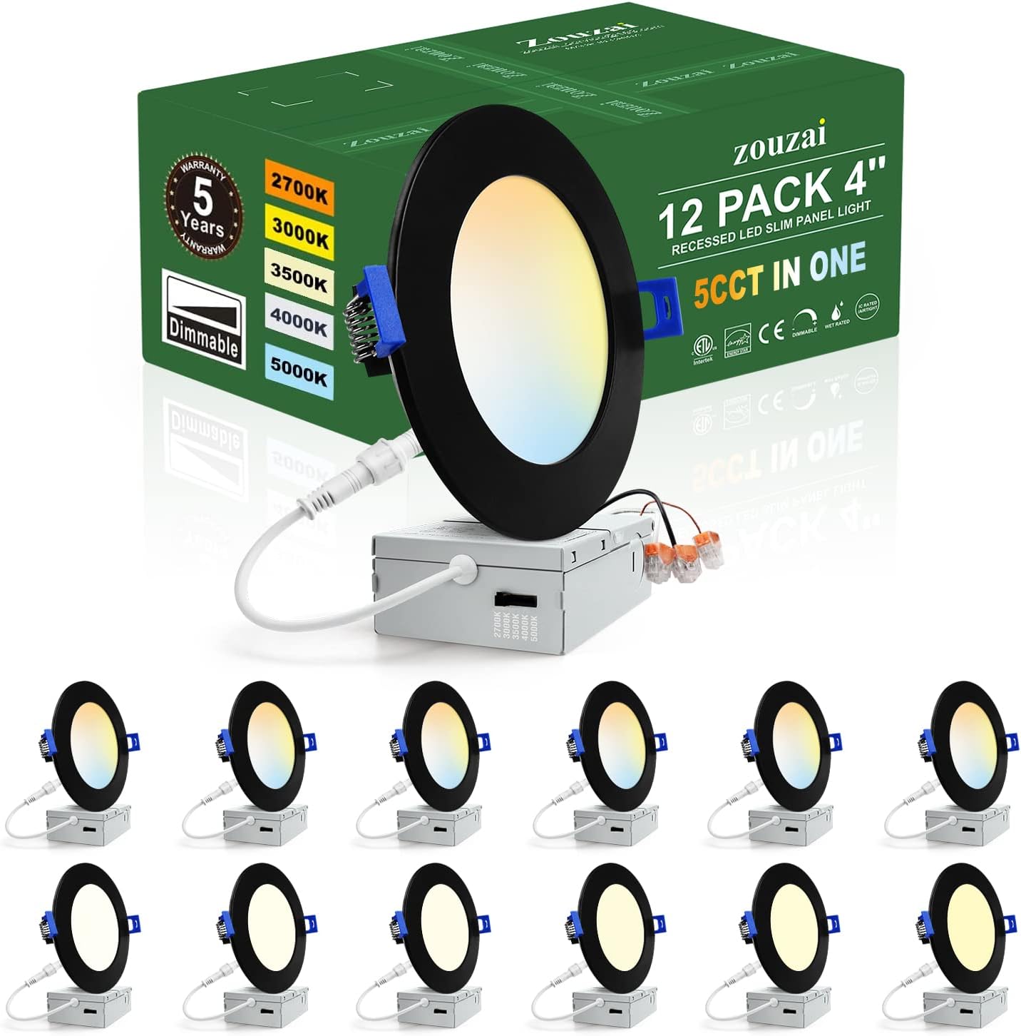 zouzai 12 Pack 4 Inch Black 5CCT Reset Ultra-Thin LED Recessed Ceiling Light wit...