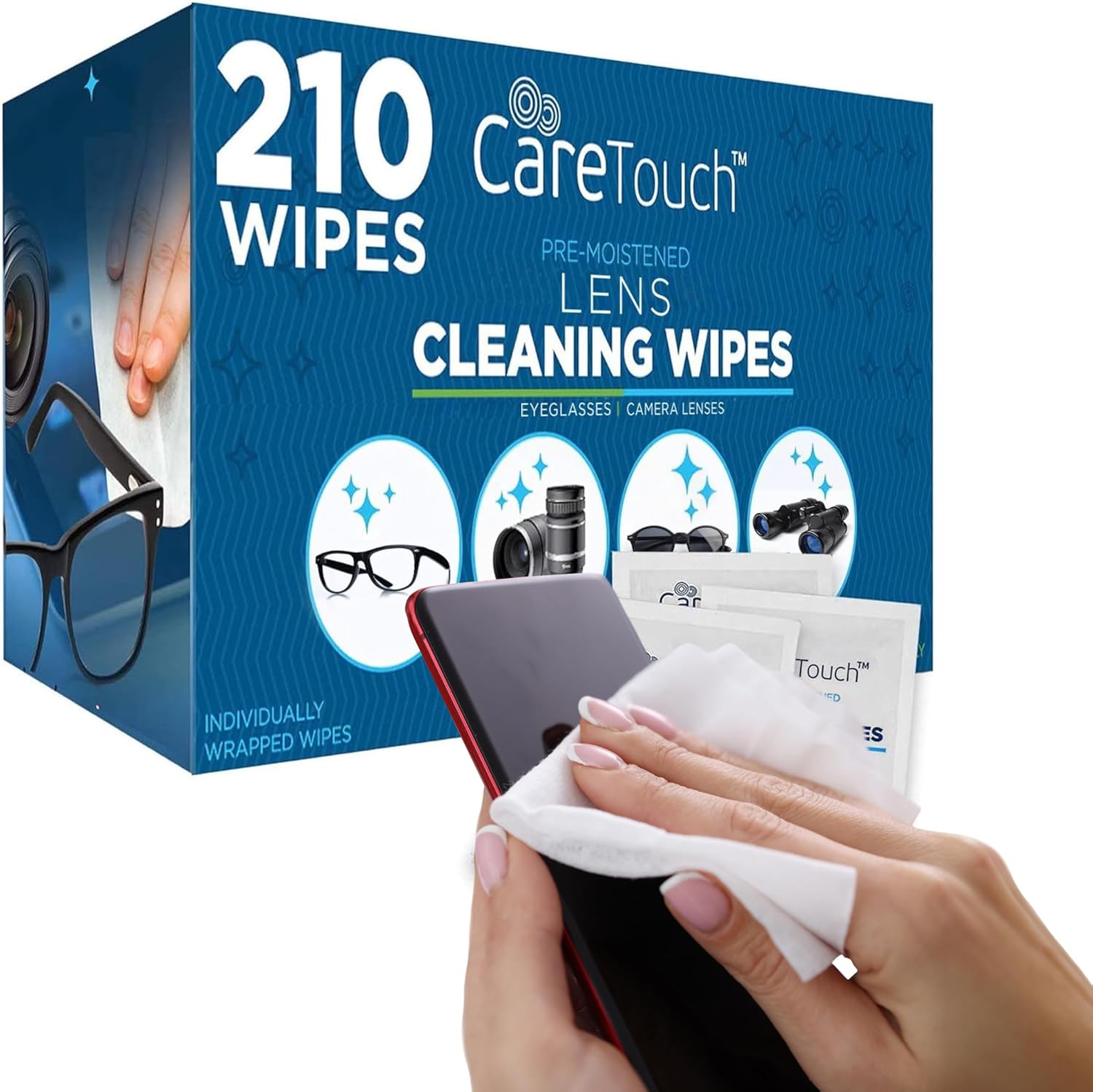 Care Touch Lens Wipes for Eyeglasses - 210 Individually Wrapped Pre-Moistened Wi...