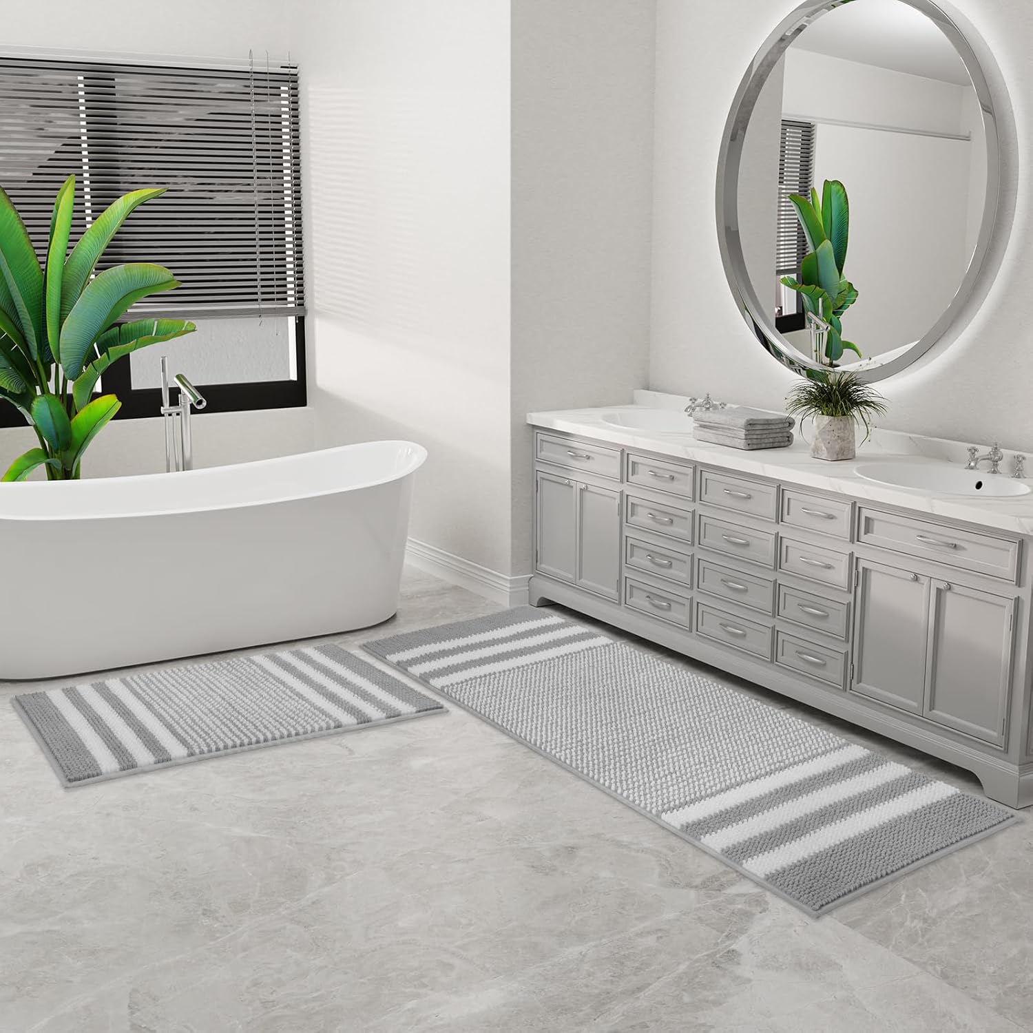 Bathroom Rugs Set 2 Piece, Extra Soft and Absorbent Fluffy Striped Chenille Bath...