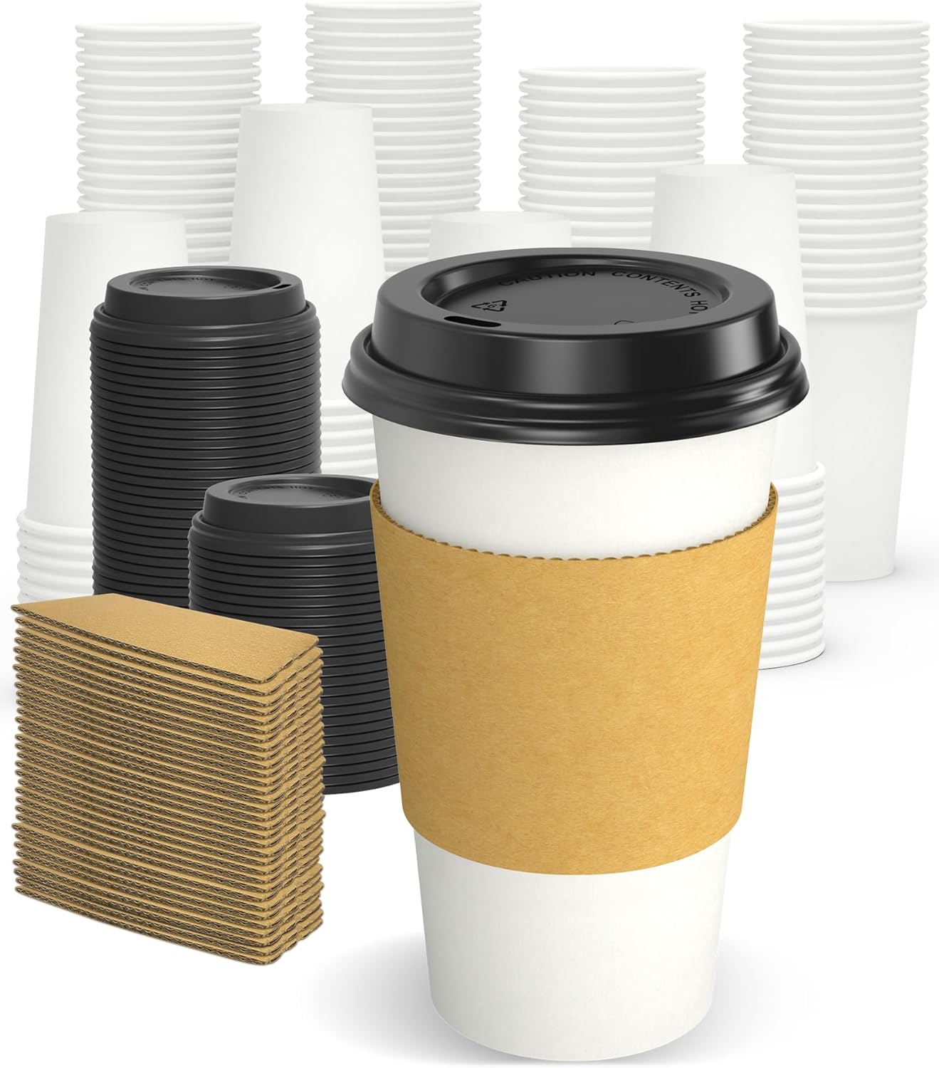 100 Pack 16 oz Disposable Coffee Cups with Lids and Sleeves, Sturdy Thick Paper...