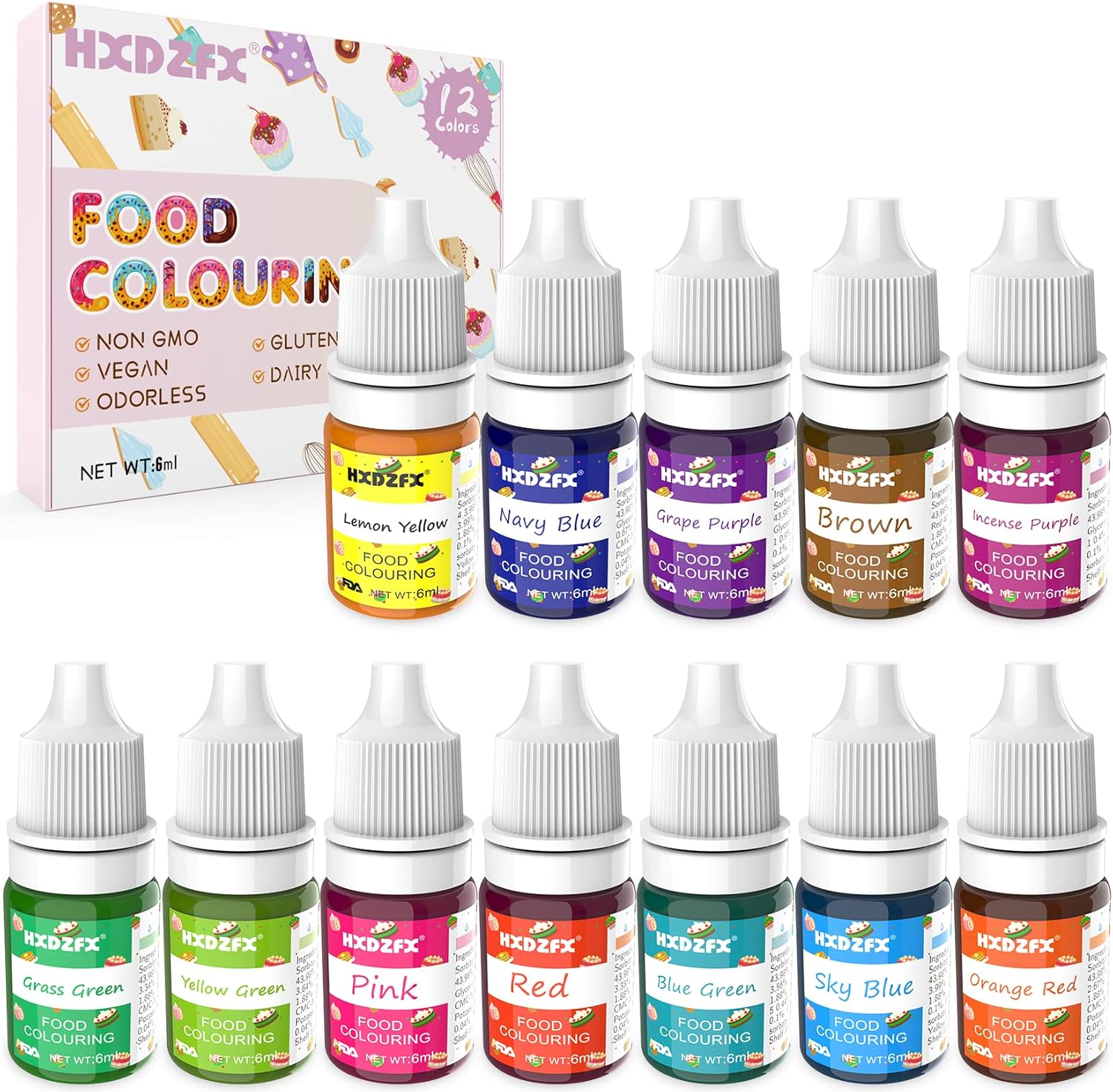 Food Colouring - 12 Colours x 6ml Food Dye Concent...