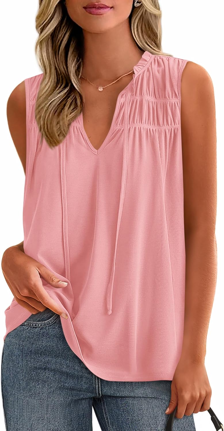 PRETTYGARDEN Womens Summer Tops Sleeveless V Neck Shirts Ruffle Loose Tank Top S...