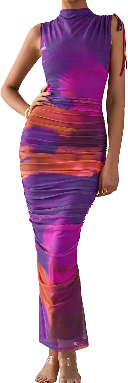 PRETTYGARDEN Women's Summer Maxi Floral Dresses Ruched Bodycon Sleeveless Mesh F...