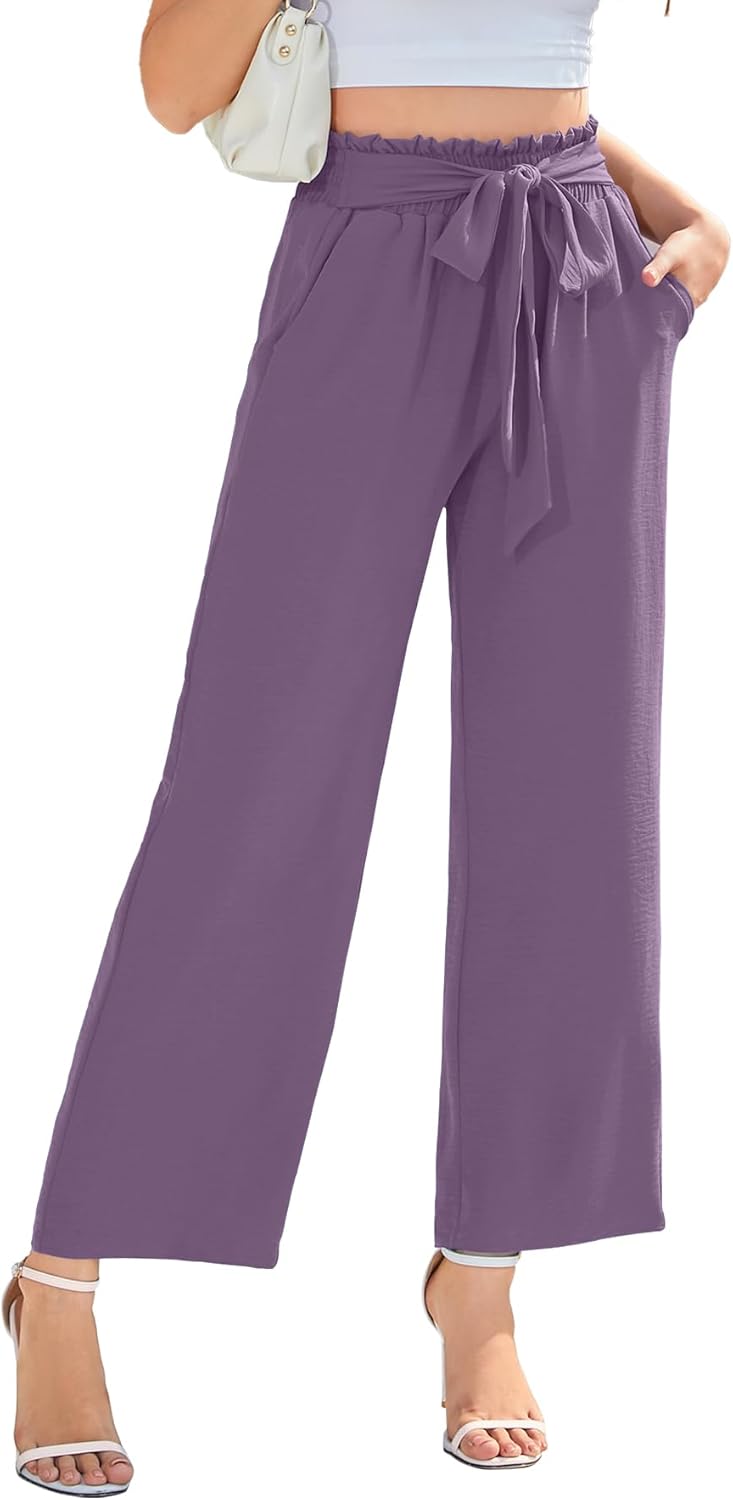 Women Wide Leg Casual Pants Trendy High Waisted Adjustable Tie Knot Loose Trouse...