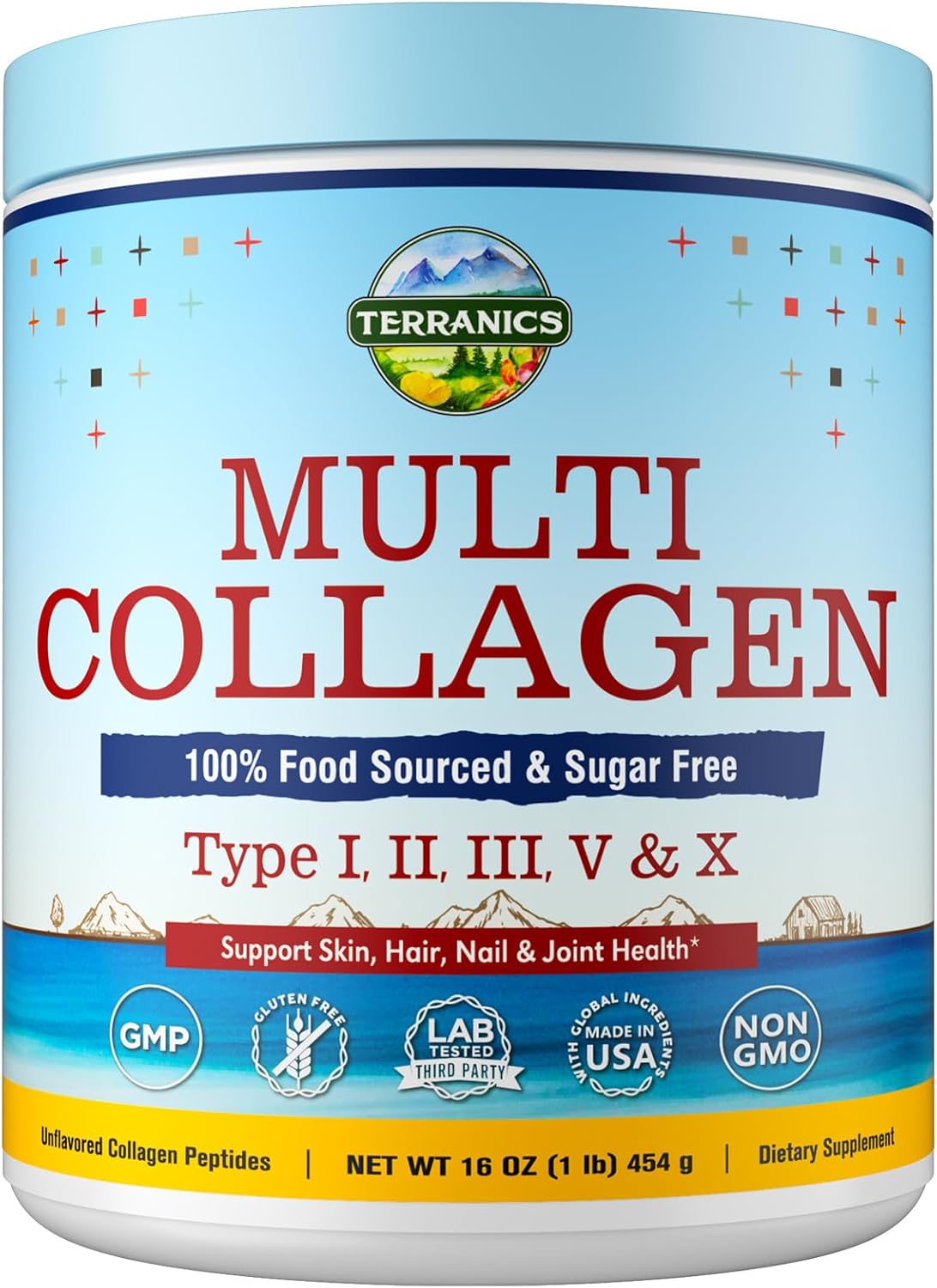Terranics Multi Collagen Peptides Powder, Type I II III V X Hydrolyzed Collagen...