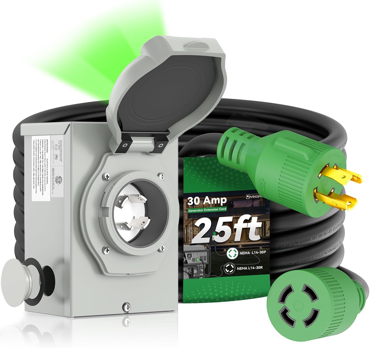 30 Amp Generator Cord 25FT and Power Inlet Box, Pre-Drilled 30 Amp Generator Inl...