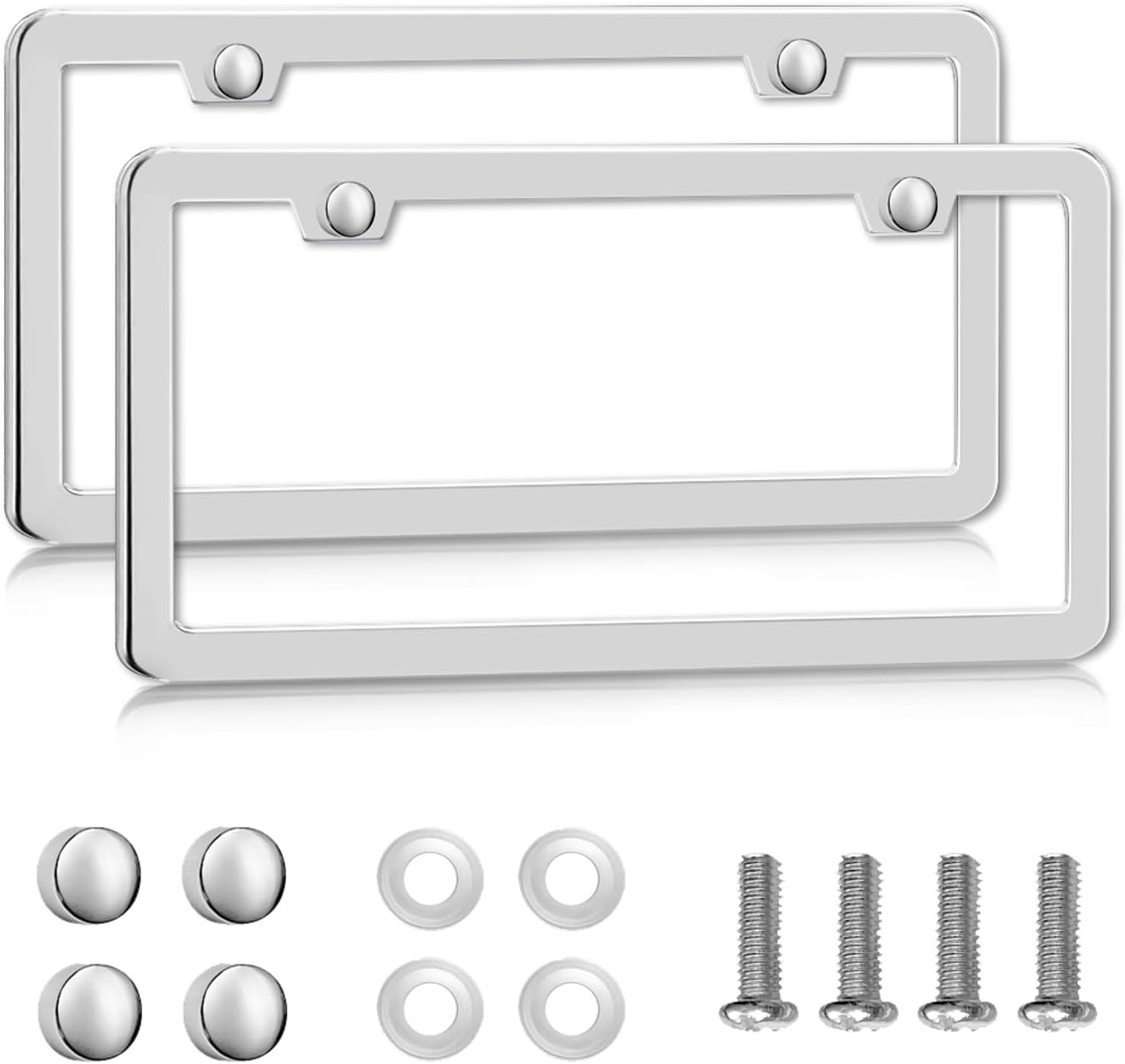 2-Pack Solid Silver Rust-Proof Car License Plate Frames - Universal Stainless St...