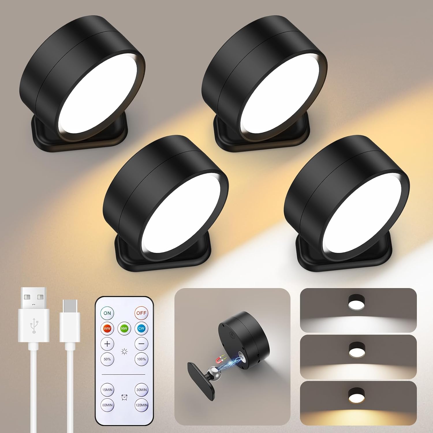 Brightown LED Magnetic Wall Sconce Lights, 4 Pack USB Rechargeable Wall Mounted...