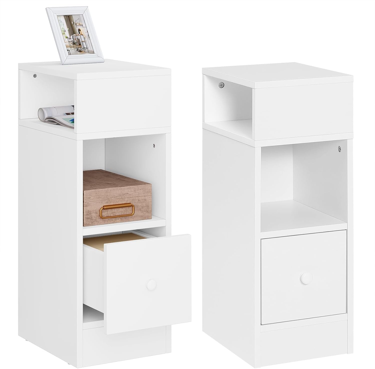 eSituro Set of 2 Narrow Bedside Table with 2 Open Compartments and 1 Drawer, Whi...