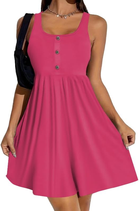 BeadChica Women's Summer Tank Dress Sleeveless Scoop Neck Button-Down Sundress C...