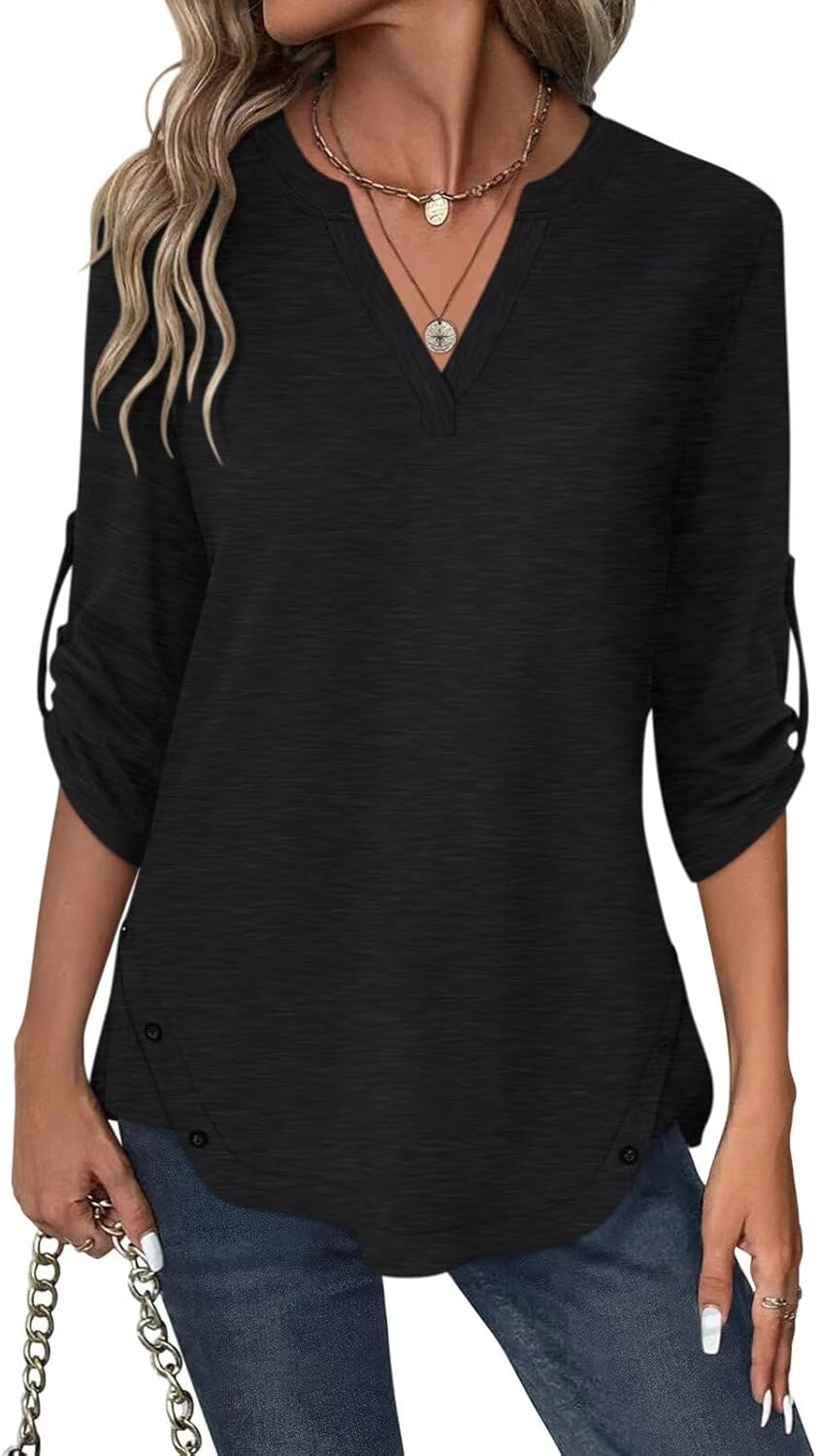 Minetom Women's Rolled Up 3/4 Sleeve Tops V Neck T Shirts Button Side Blouses Bl...