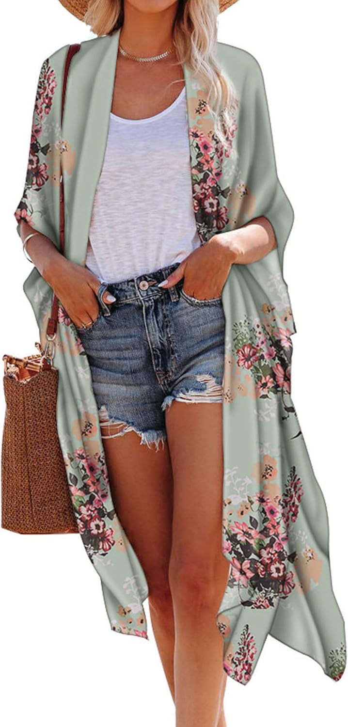 Hibluco Women's Summer Chiffon Floral Kimono Cardigan Long Swimwear Cover Ups X-...