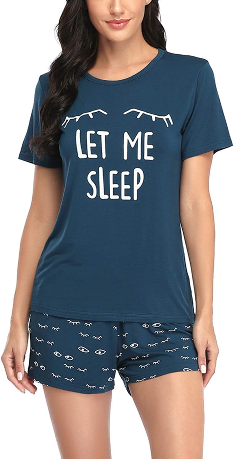 EISHOPEER Women's Pajamas Sets Cute Print Tee and Shorts Sleepwear Pjs Sets 2 Pi...