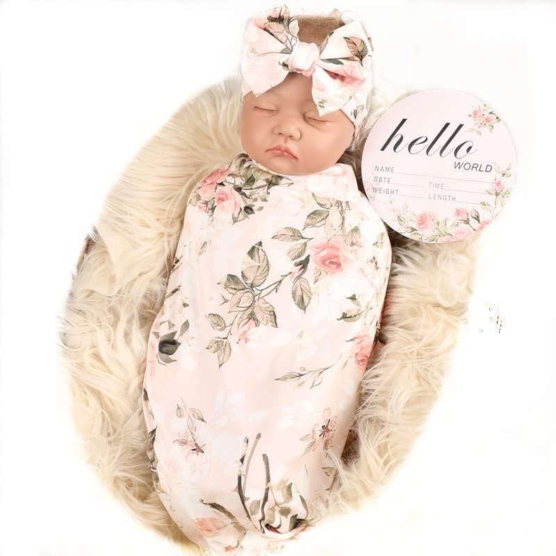 Galabloomer Newborn Receiving Blanket Headband Set Flower Print Baby Swaddle Bla...