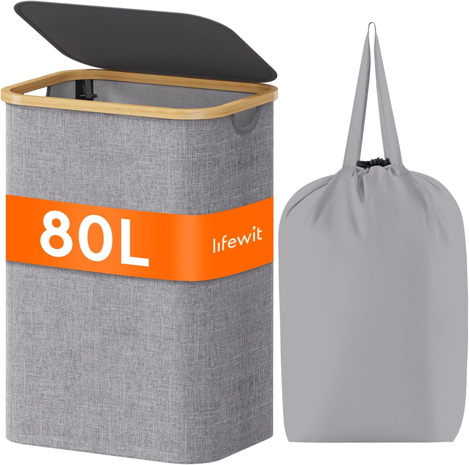 Lifewit 80L Laundry Basket with Lid, Clothes Hampers for Laundry with Bamboo Han...
