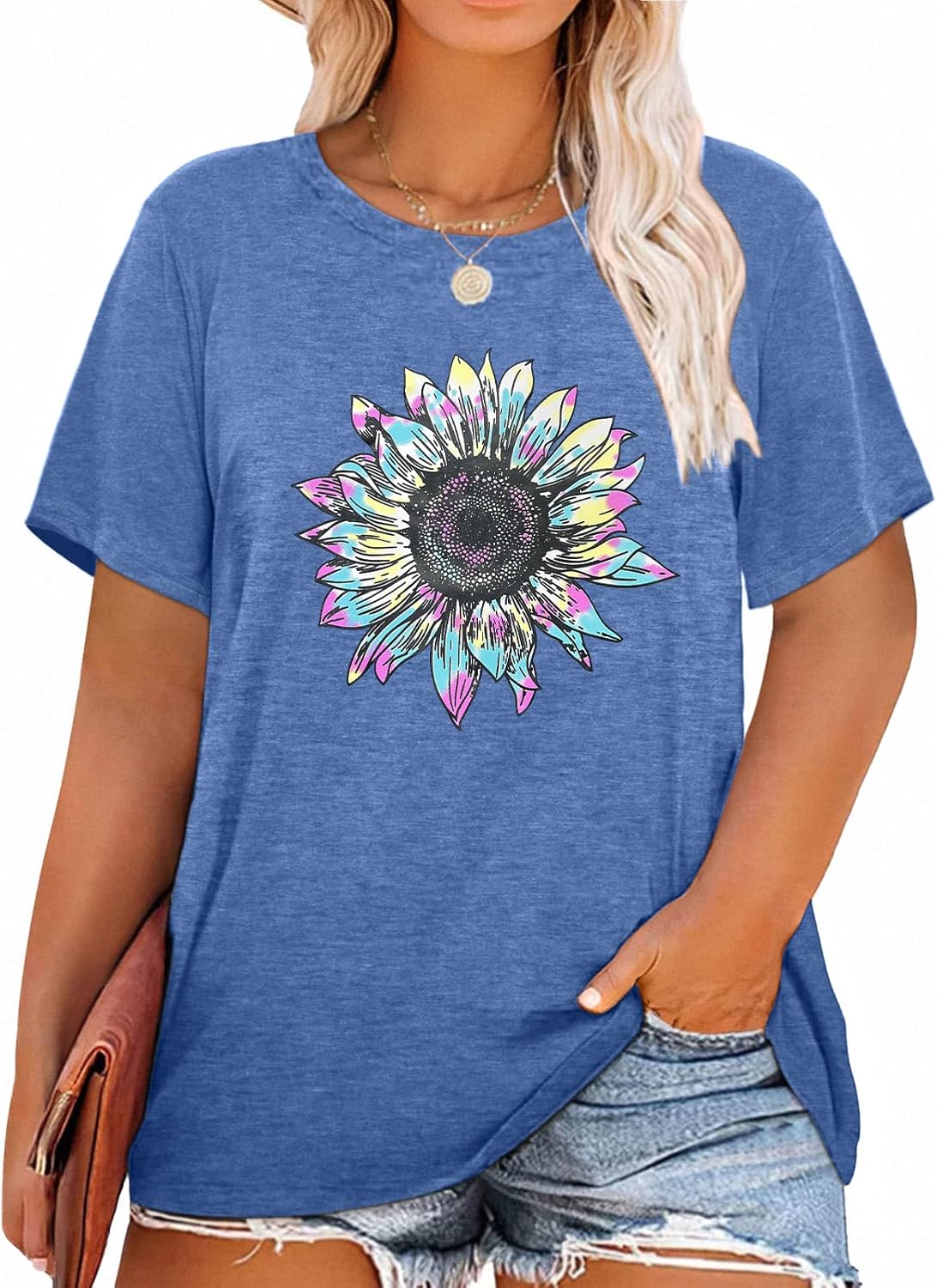 HDLTE Women Plus Size T Shirts Short Sleeve Casual Graphic Tee Tops Blue Grey Da...