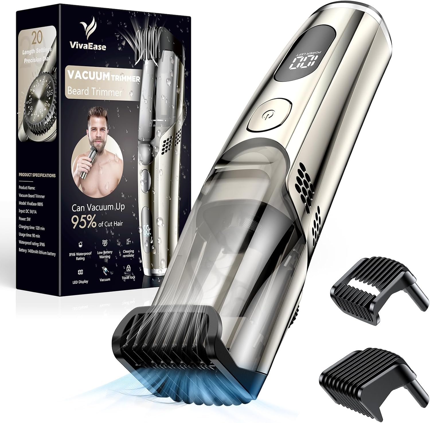 Vacuum Beard Trimmer for Men, Upgrade Adjustable Length with 2 Comb, Electric Va...