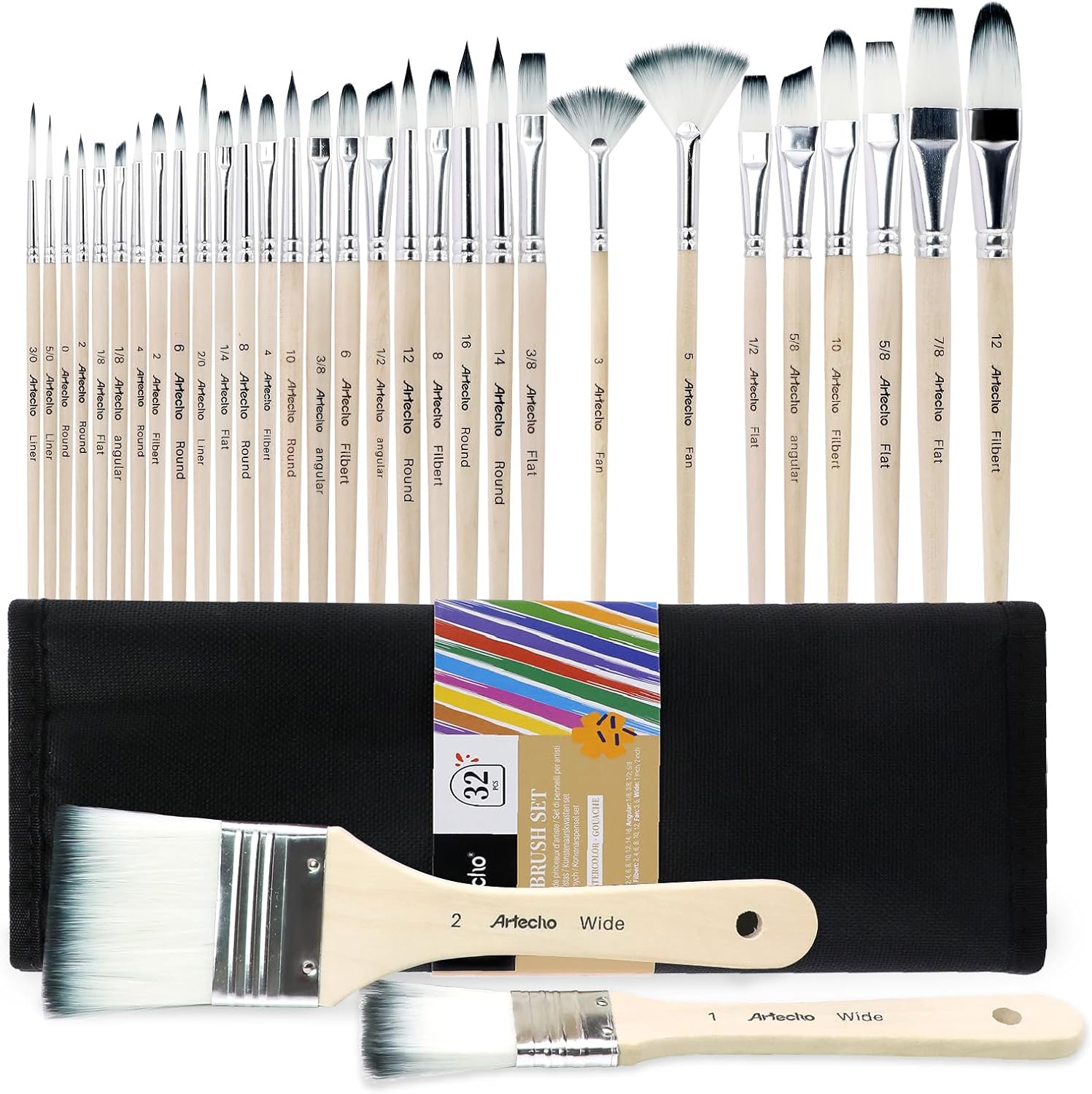Artecho 32 PCS Art Paint Brushes Set - Watercolor, Acrylic & Oil Painting - Prof...