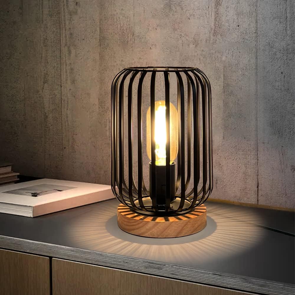 HHMTAKA Metal Cage LED Bedside Table Lamp Wooden Base Desk Lamp 22cm High Decora...