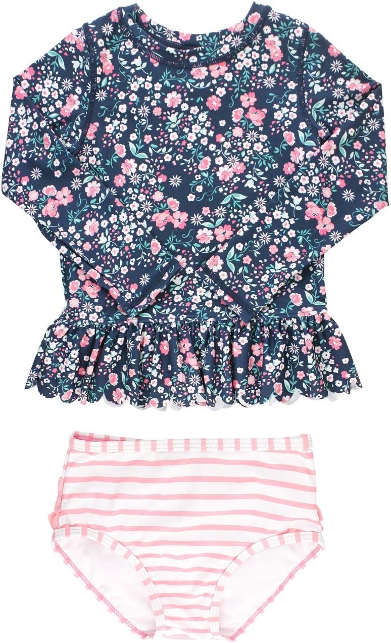 RuffleButts Baby/Toddler Girls Scalloped Long Sleeve Rash Guard 2-Piece UPF50+ S...