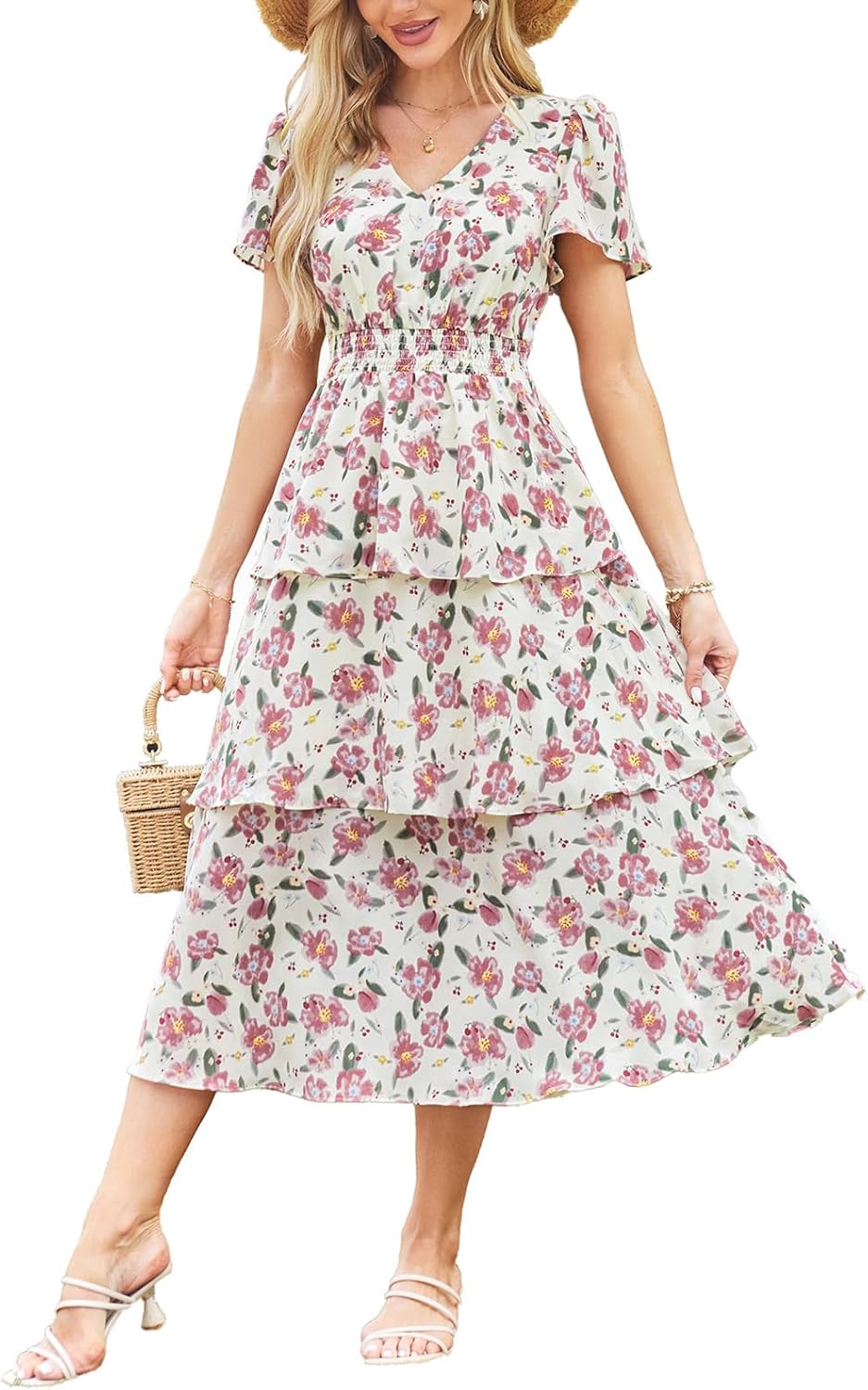 GRACE KARIN Women's 2025 Floral Summer Long Midi Dress V Neck Short Sleeve Ruffl...