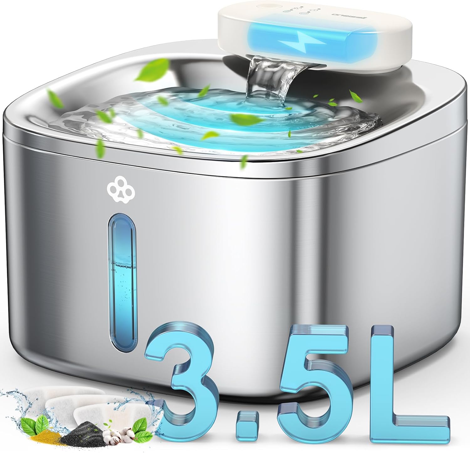 oneisall Wireless Cat Water Fountain,3.5L Stainless Steel Cat Fountain Dishwashe...