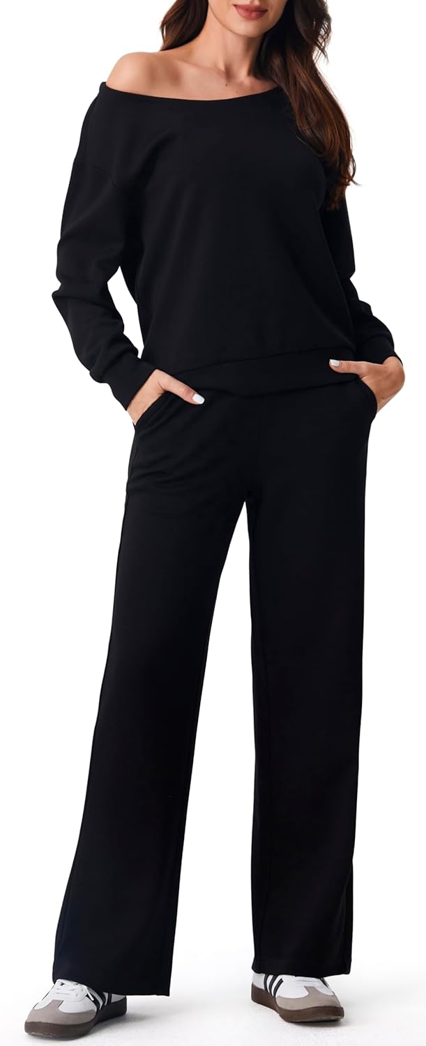 AFITNE Women 2 Piece Outfits Sets Off-Shoulder Long Sleeve Wide Leg Tracksuits w...
