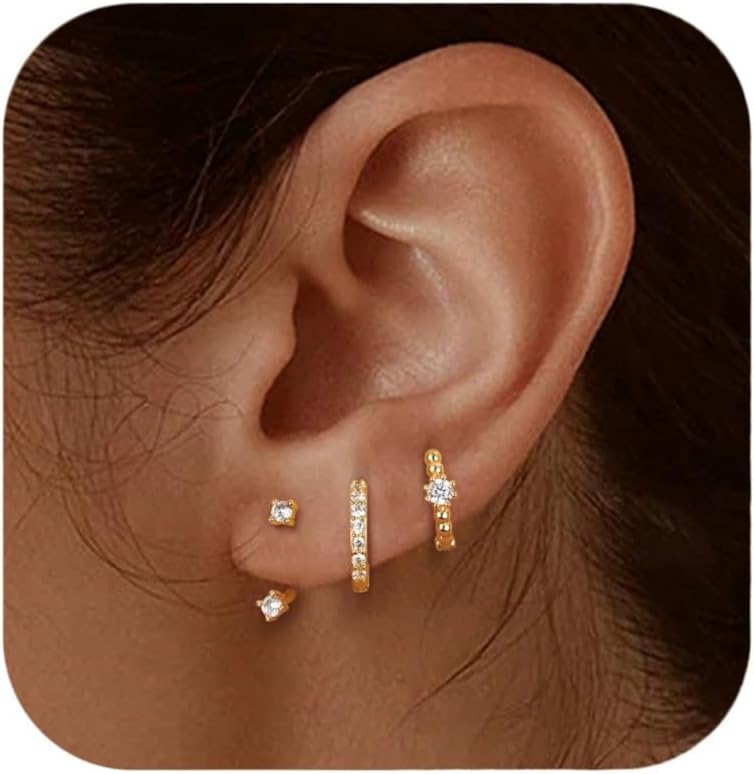 JeweBella 3 Pairs Sterling Silver Stud Hoop Earrings Set for Women 14K Gold Plat...