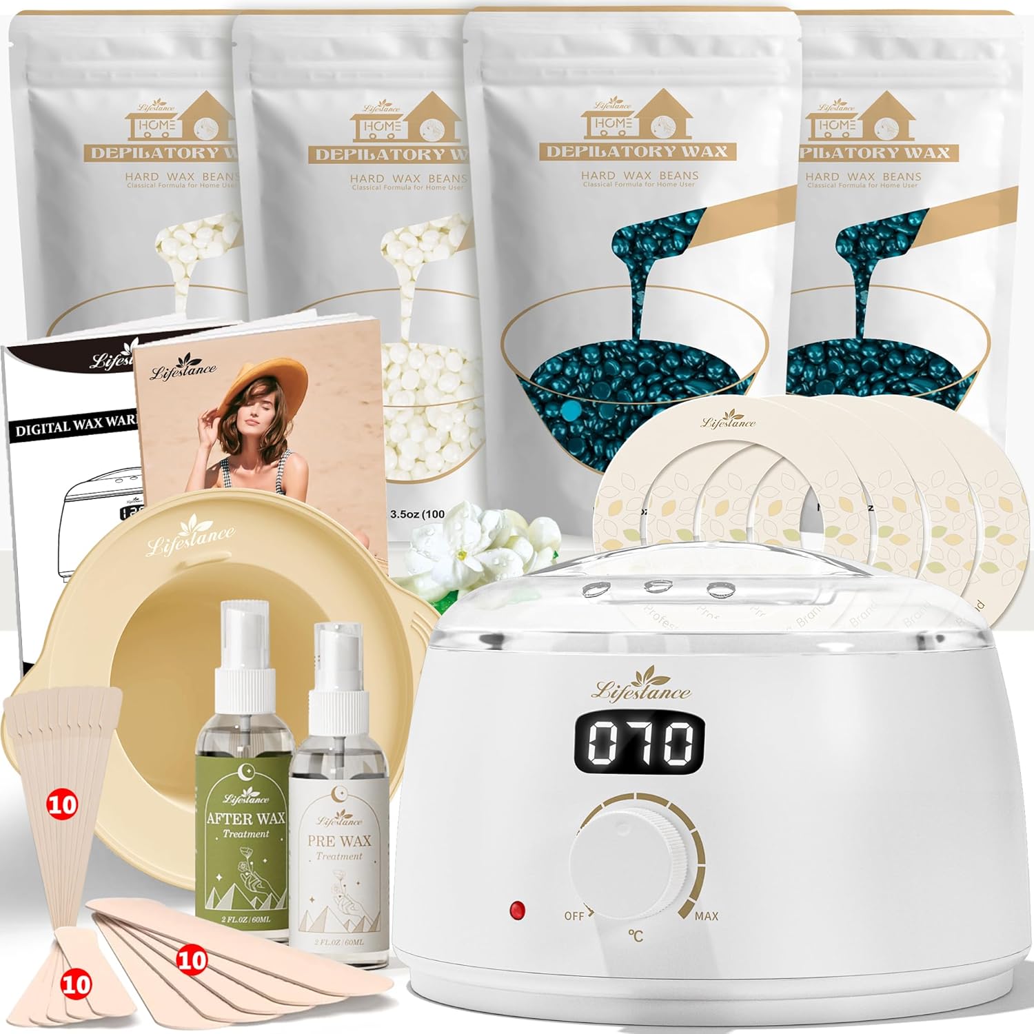 Lifestance White Waxing Kit- L3 Digital Wax Pot for Hair Removal- 4 Packs of Wax...