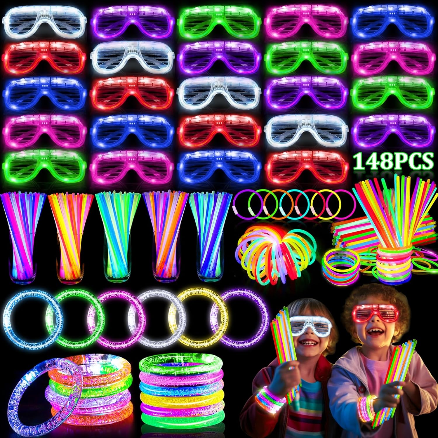 TURNMEON 148 PCS Glow in the Dark Party Supplies Light Up Toys with 24 Led Glass...