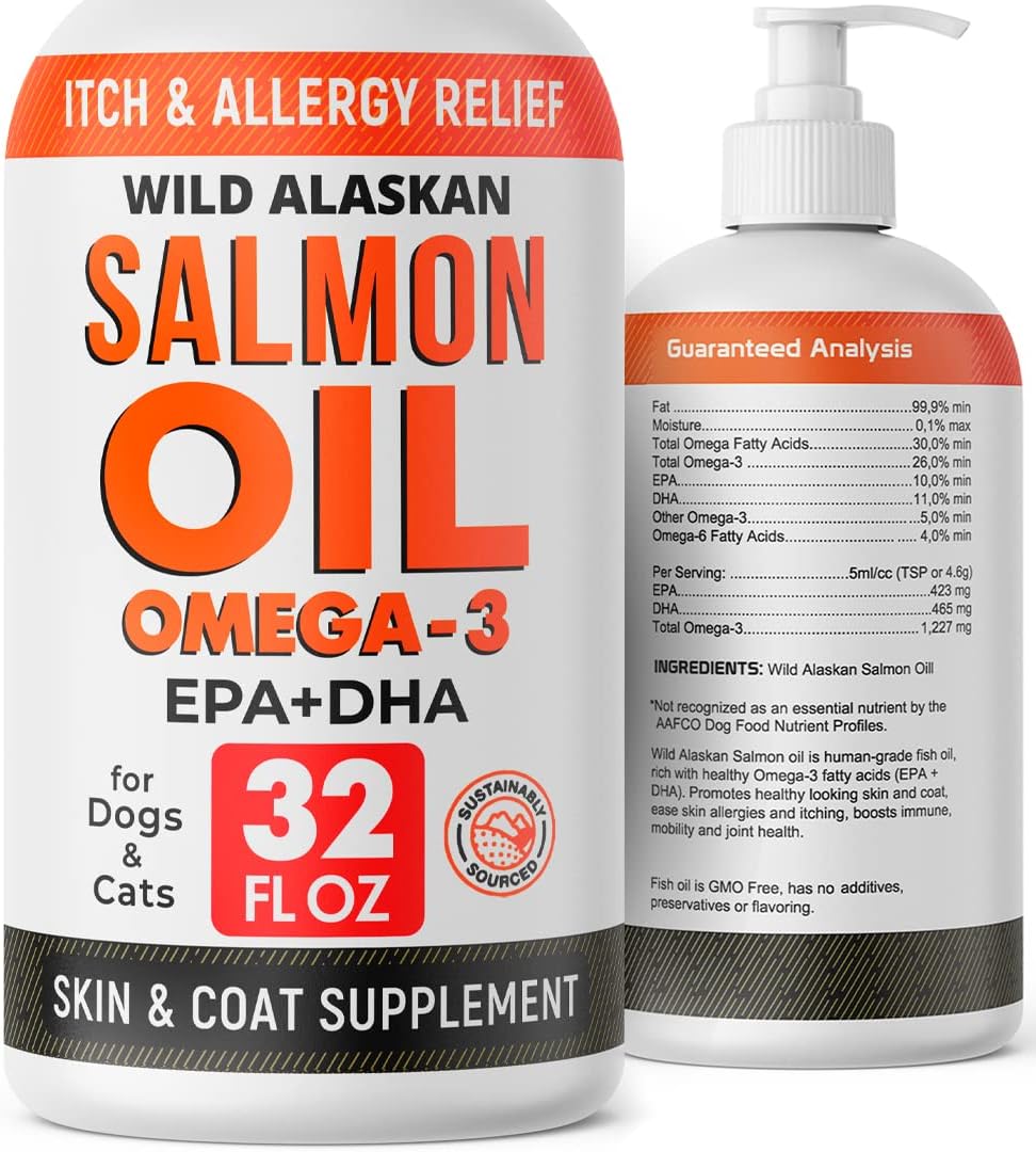 StrellaLab 32 OZ Salmon Oil for Dogs - Omega 3 for Dogs & Cats, Itch & Allergy R...