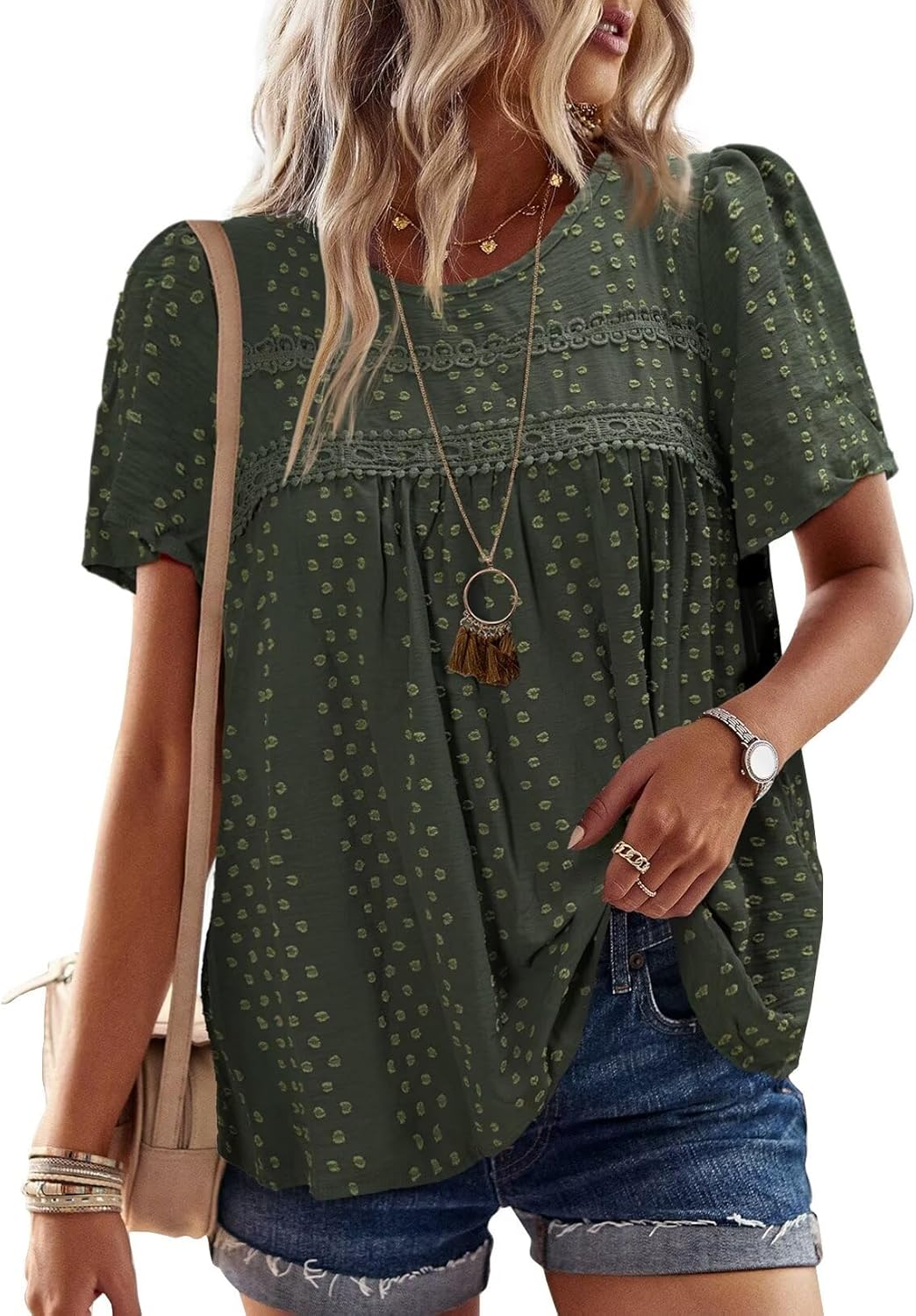 Womens Summer Tops Crewneck Short Sleeve Shirts Casual Chiffon Blouses Flowy Lac...