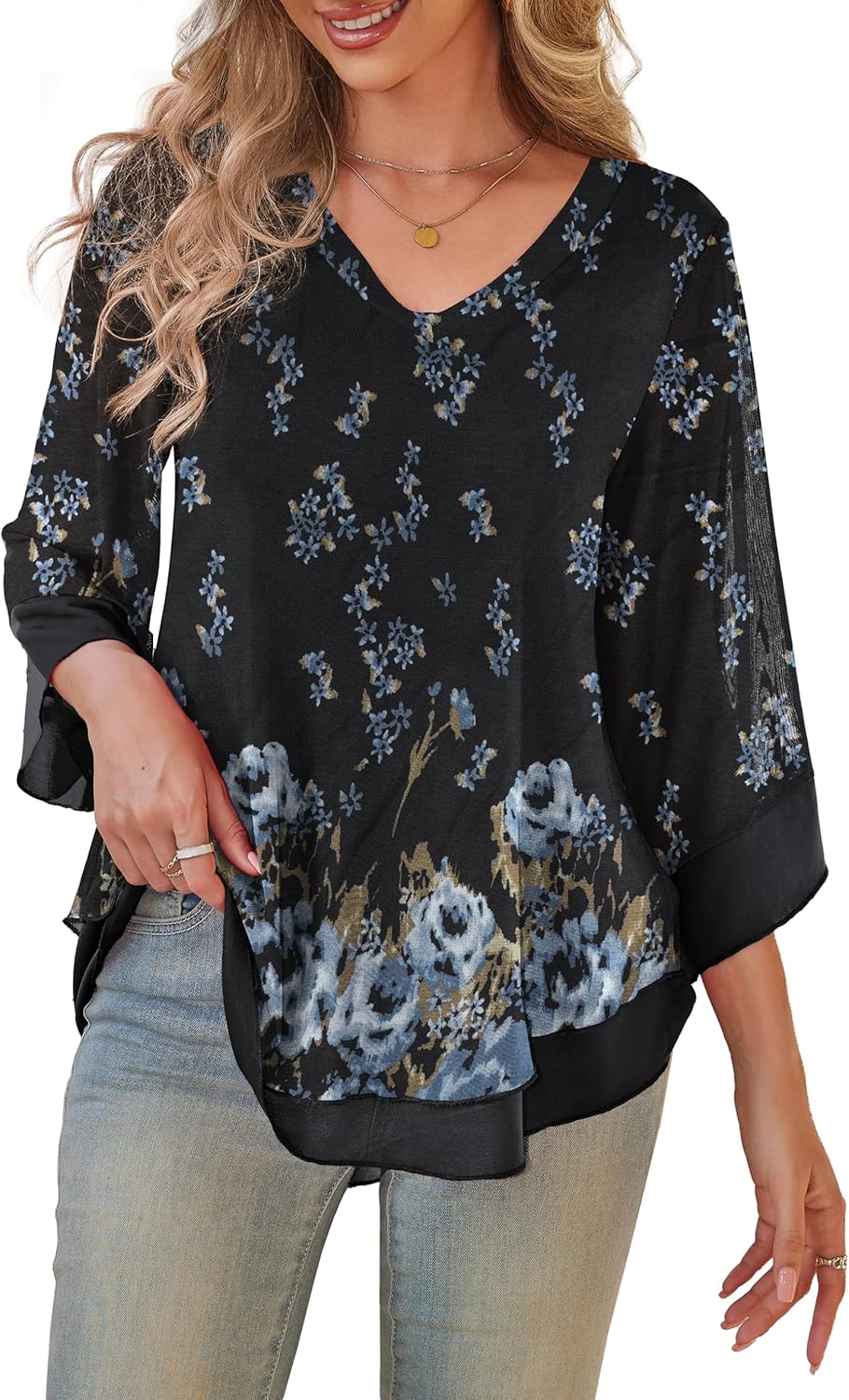 a.Jesdani Women's Plus Size Tops Dressy Blouse Double Layers Mesh Shirt Ruffle 3...