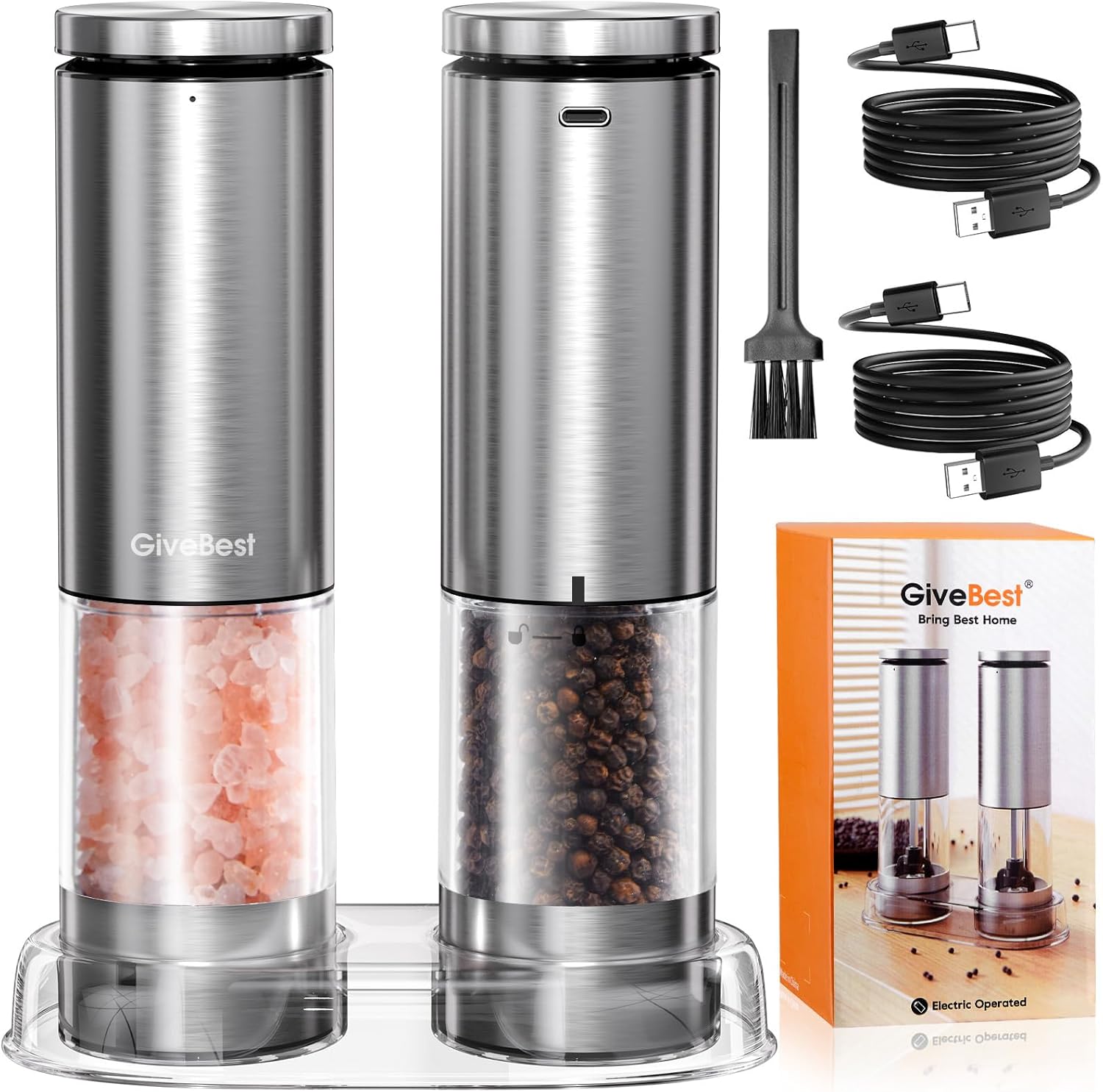 GvieBest Electric Salt and Pepper Grinder Set – Rechargeable Stainless Steel Mil...