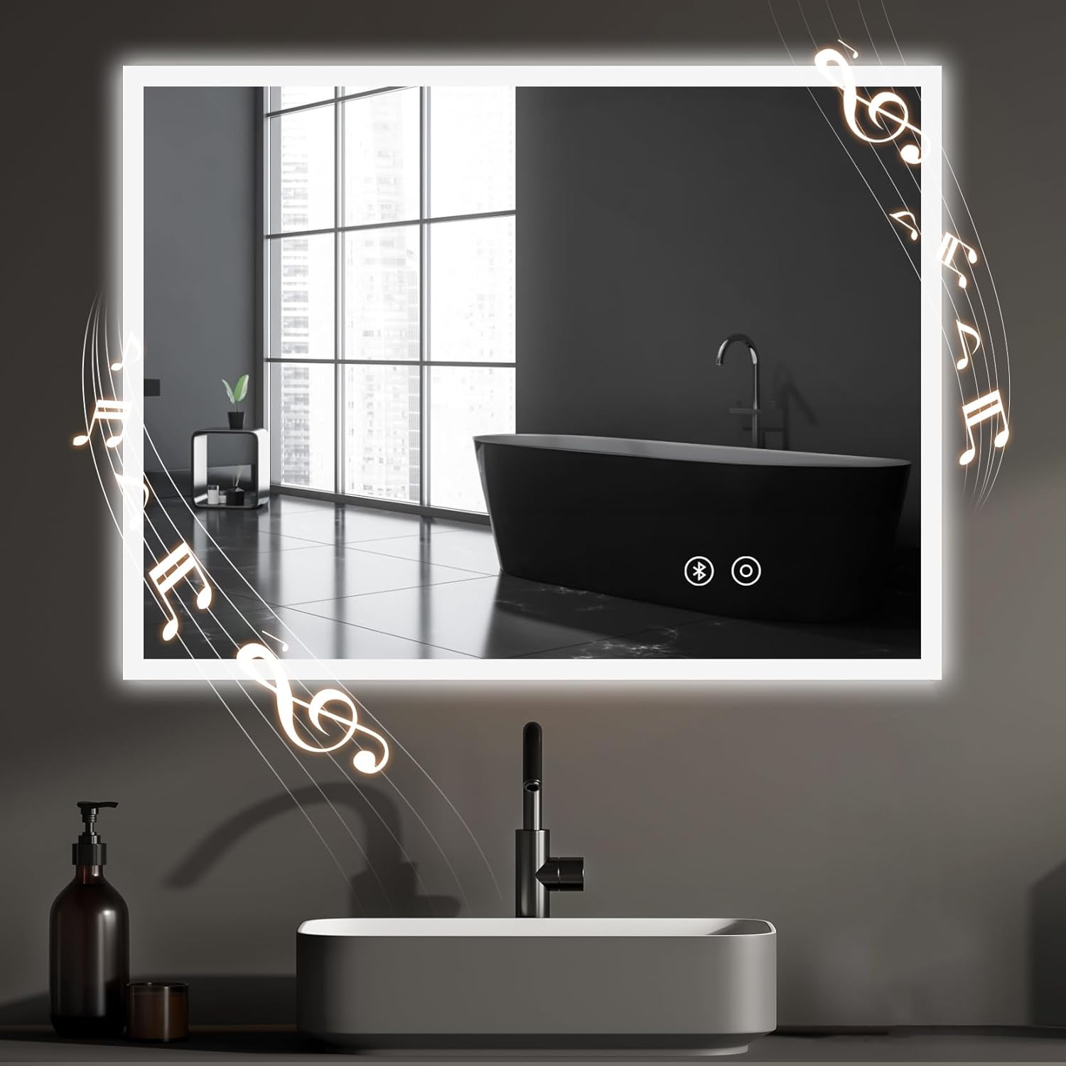 YOLEO Bluetooth Bathroom Mirror with LED Lights, 800x600mm Illuminated Bathroom...