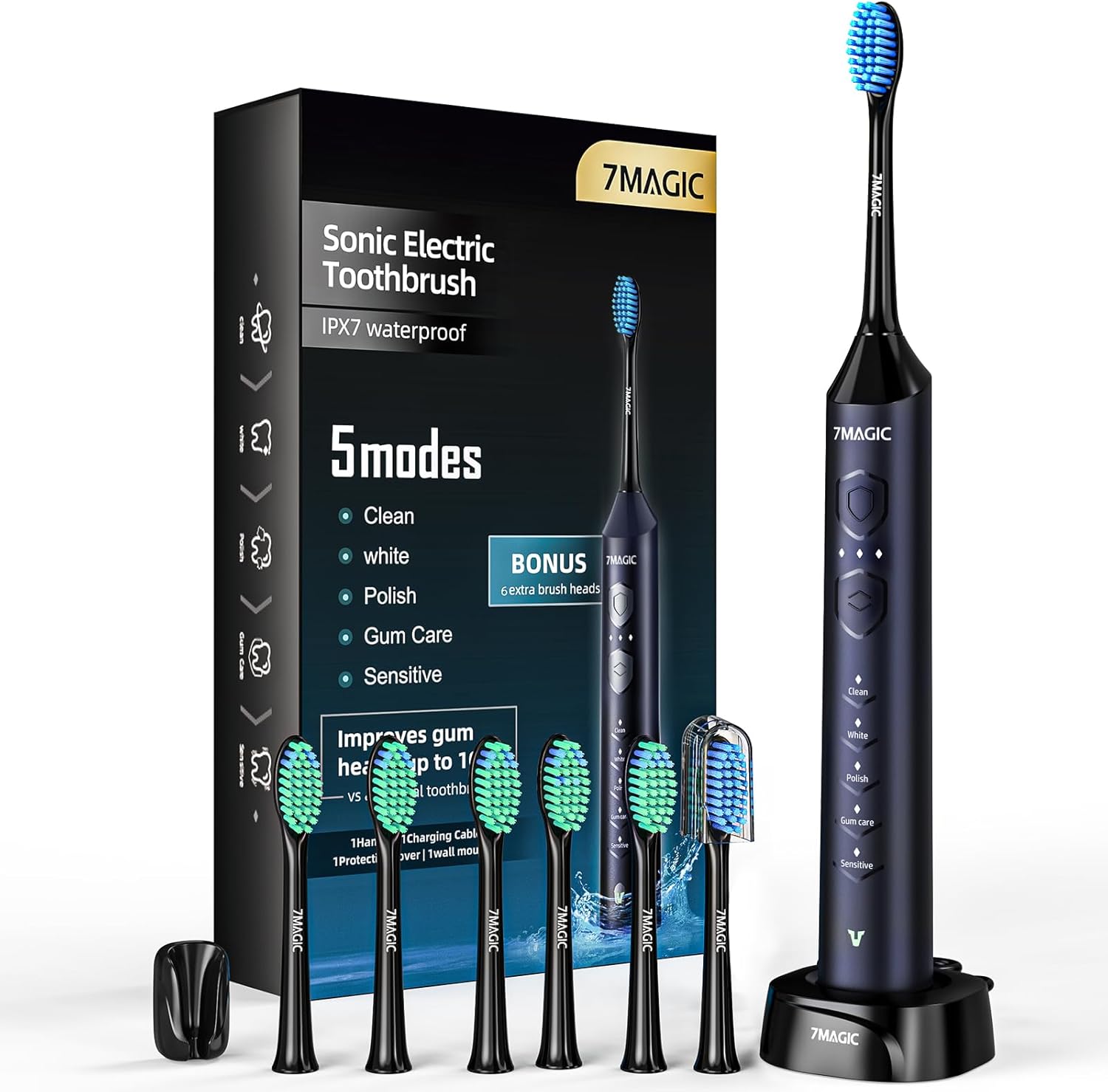 Electric Toothbrush, Sonic Toothbrush with 3 Intensities & 5 Modes, Low-Noise El...