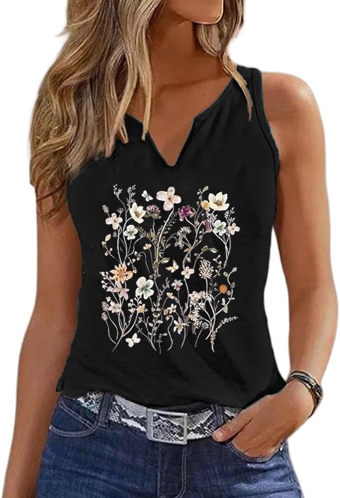 Women Vintage Floral Graphic V Neck Tank Tops Boho Cottagecore Wildflowers Cami...