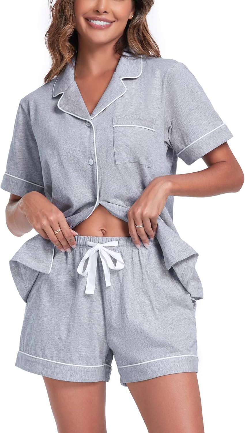 COLORFULLEAF Womens 100% Cotton Pajamas Short Set Soft Short Sleeve Sleepwear Bu...